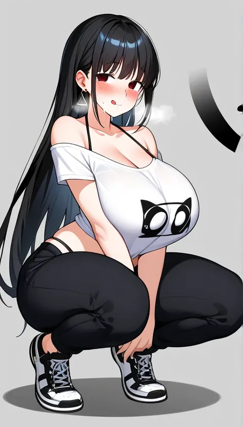 long black hair、red eyes、tsukuyomi minato, one-off shoulder、super large size t-shirt、sparkling sequined high leg  under bikini、 ...