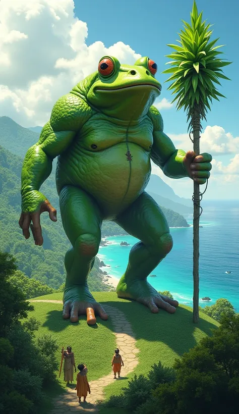 Imagine a giant, colossal humanoid coquí tree frog, with a robust, muscular human body with bright green skin and large, expressive eyes, standing on a lush green hill overlooking the ocean. He carries a large staff made of leaves. Small villagers in the s...