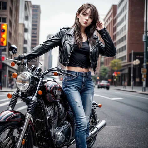 (8k resolution, RAW Photo Format, Outstanding quality, masterpiece:1.2), (Shooting from the front:1.2)、25 year old mature woman、He drives an American-style motorcycle wearing a leather jacket, jeans and boots.、(Accurate anatomy:1.1)、In the city、Cowboy Shot