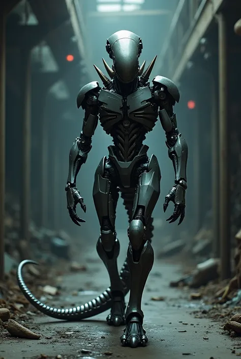 Robot transformer similar to xenomorph, long tail, no eyes