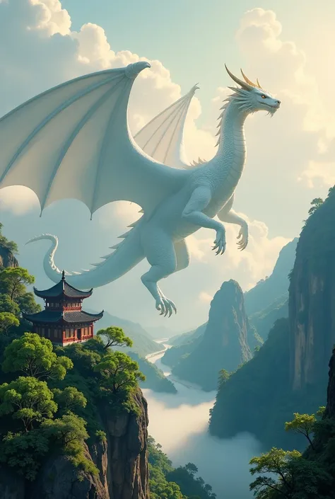 a white giant dragon appears out of white fog and watches high above an Asian landscape, vivid natural colors, bright, amazing landscape, perfect composition, a rich and complex image of nature, a vibrant tissue of hues and textures captured digitally, 