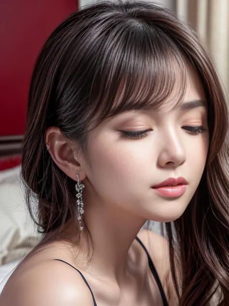 (8k resolution, RAW Photo Format, Outstanding quality, masterpiece:1.2), (kissing face:1.4)、The most beautiful and elegant 25 year old mature woman、throw、Shooting from the front、(((Close your eyes、Slightly parted lips)))、Beautiful eyeshadow、Long eyelashes、...