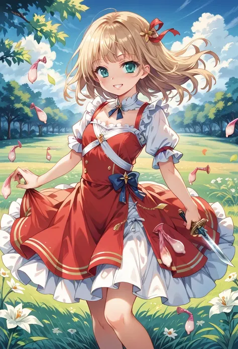 (((1 personの女の子,1 person))),(photograph:1.3), detailed, silica, smile,  Grassland, Red dress, (High praise, Attractive, Attractive, exciting, nice, Impressive:1.3), beautiful, (非常にdetailedな, High image quality:1.3)，Hold a dagger in your right hand，grasslan...