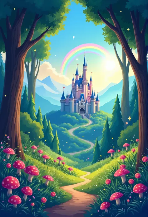 create a cartoon vector style disney poster of a flowery forest with a castle in the background and a rainbow, lights, landscape, cores cmyk
