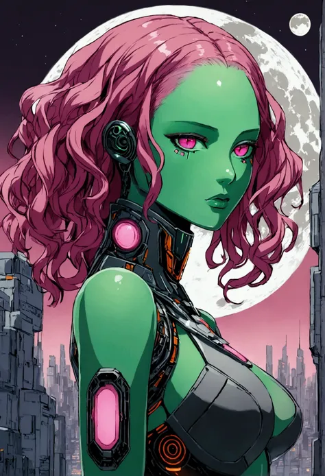 Woman with pink curly hair, glowing red eyes, green skin, android woman, cyberpunk, droid girl, green skin, artificial human, city on the moon, future city.