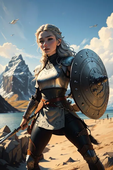 An illustrated movie poster, hand-drawn, full color, a viking 22 years old shield-maiden girl, runners slim body, thin face, wearing a typical female warrior armor costume, mainly leather with metal bits, heavy leggings and boots , she has pale skin, freck...