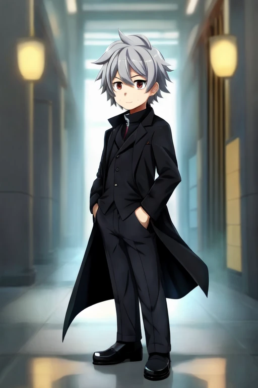 Male character, young gray hair,  
 in a black overcoat, anime style full body, positions, doubtful, happy, THOUGHTFUL, professor,
maintain the same characteristics