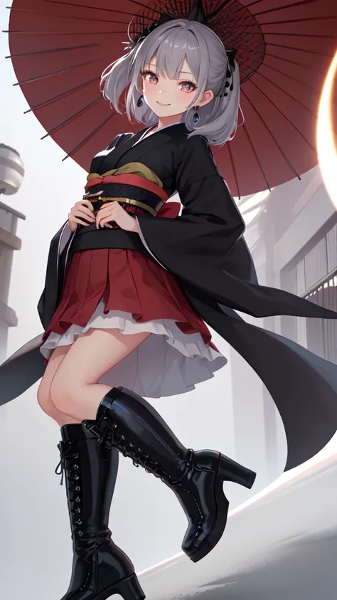 One Girl, High resolution, Best Quality, Ultra HD, Gray Hair, Slender, Black kimono, Big Boots, Earrings, Japanese Umbrella, Related to screen content, Captivating smile, Low Angle, Low angle, Slender, 