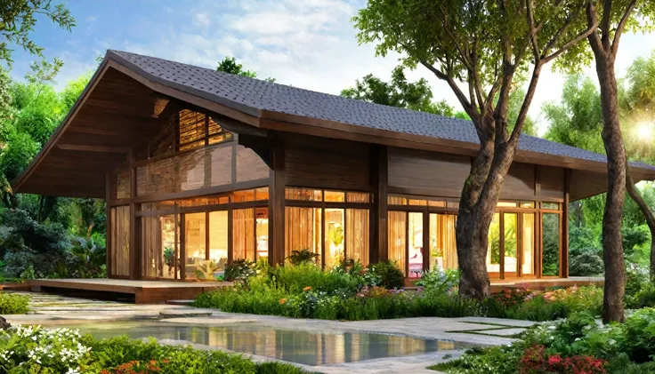 A large single-story wooden house in an U-shape, with the house surrounding the garden. The house is located in a residential area. The garden is designed in a tropical forest style, featuring a waterfall, flowing water, a clear pool, gravel, moss-covered ...