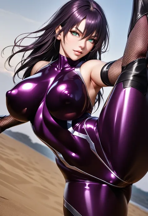 igawa asagi, purple hair, long hair, hair between eyes, aqua eyes, large breasts,asagi suit, ninja, bodysuit, purple bodysuit, fishnets, covered collarbone, gloves, skin tight, covered nipples, bare shoulders, elbow gloves, shiny clothes,perfect hands, per...