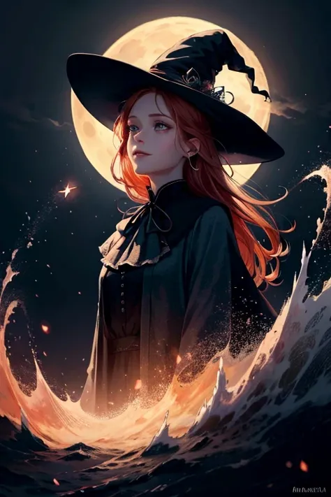 (masterpiece, best quality),  Stylized digital art,  colorful painting style, 3DMM,
1 , adult jewish woman,  brown eyes, ginger twins pierces hair,
 Looking up, Alone, upper part of the body, detailed background,  light smile, witch hat, witch, Magical atm...