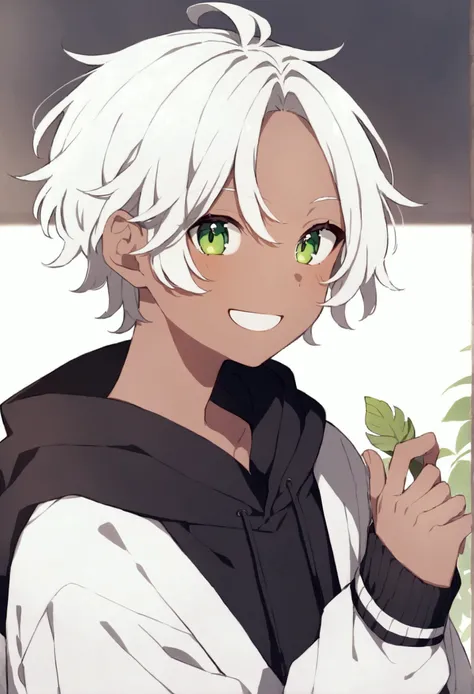 Anime boy with white hair Disheveled green eyes black sweatshirt dark brown skin Smiling happily 