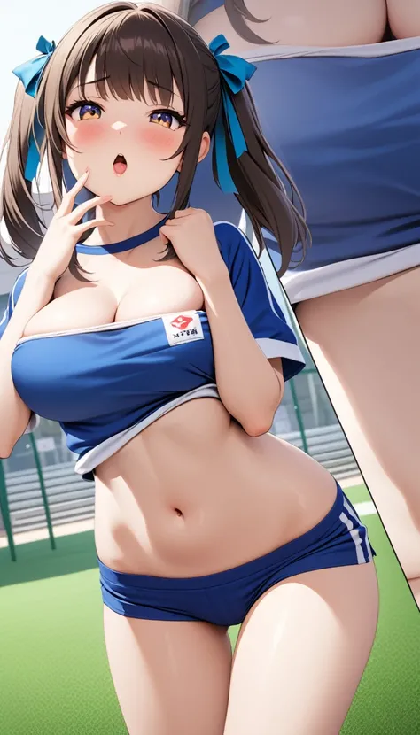 NSFW, 1 girl, junior idol, {{{{{16k,Ultra High-resolution realistic photograph of neat virgin first-year junior high school girls in School-designated gym uniform with junior high ribbon as pretty as a actress in Grass schoolyard, Shes in the first year of...