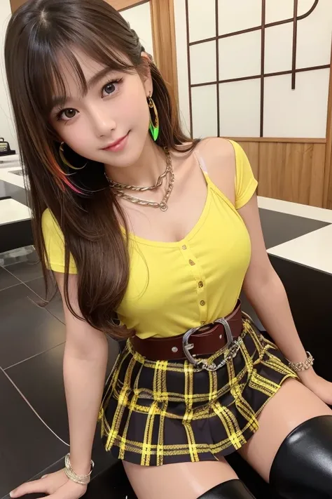 Photorealistic perfect body、(Huge胸)、(Clevis:1.2)、(Narrow waist:1.5)、(Yellow shirt with open heart:1.5)、(Plaid Micro Mini Skirt:1.5)、(Chain belt:1.5)、(Knee-high boots:1.5)、(One Girl:1.9)、Very high quality、Ultra HD、(Colorful Hair:1.6)、Japanese、Teenage Face、b...