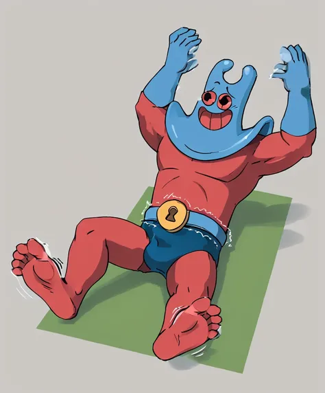 Tickle belt vibrating and speedo vibrating and hes laying down laughing looking at his Tickle belt and speedo laughing 