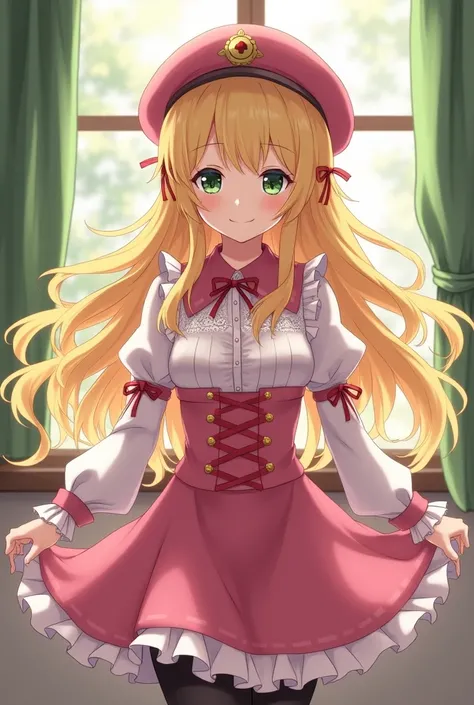 live-action、Real、A character with long wavy blonde hair and green eyes。((She&#39;s wearing a big pink beret))、The hat is decorated with a gold emblem.。The character is dressed in pink and white.、The sleeves have ruffles。Red ribbons are attached to the ches...