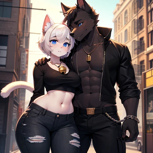 [furry], 1male1female, male/female, an anthropomorphic female cat with her boyfriend anthropomorphic Belgian Malinois shepherd black dog.  (the female cat has a lush coat and is completely white, cat with white skin, is wearing a black cargo pants and a cr...