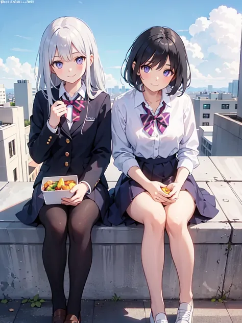 Two beautiful girls, On the right is a high school girl with long silvery white hair and blue-purple eyes.,On the left is a high school girl with short black hair and eyes dressed as a boy., School rooftop, Eat lunch, sit,  A light smile, Realistic, Bright...