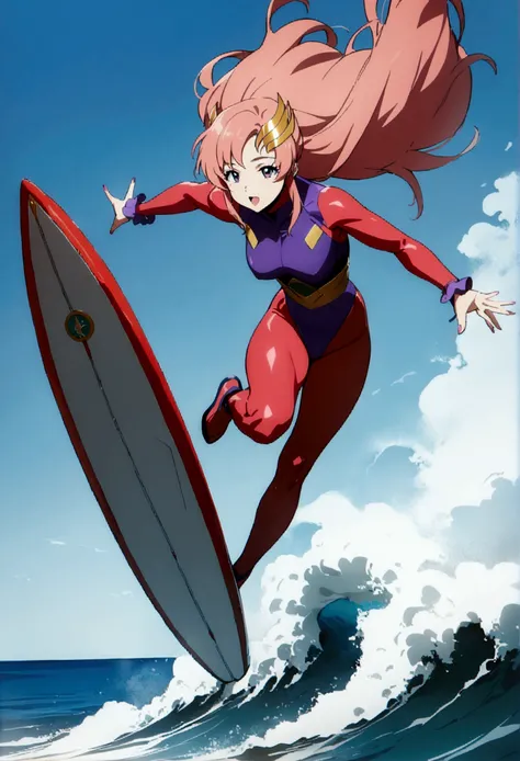 1girl, lacus clyne, gundam, surfing, full body shot, (masterpiece, best quality:1.2),