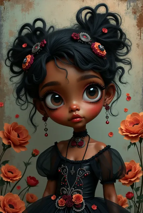 ((1 black girl))3d,cartoon,doll, gothic dress, fairy dress, messy hair, Tim Burton style, cute, expressive, abstract expressionist, Oskar Kokoschka style, best quality, 4k, 8k, highres, masterpiece, ultra-detailed, very beautiful detailed eyes, beautiful d...