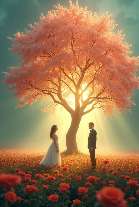 A huge flowering tree with rays of light around it , with a woman in a beautiful dress looking at the beautiful shining tree, and a tall man looking at her , the two are in the middle of a field of roses 