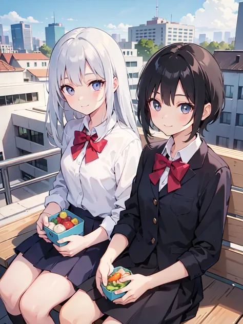 Two beautiful girls, On the right is a high school girl with long silvery white hair and blue-purple eyes.,(On the left is a high school girl with short black hair and black eyes dressed as a boy.):1.5, The rooftop of a city school, Lunch Box, sit,  A ligh...