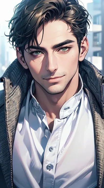 (best quality,4k,8k,highres,masterpiece:1.2),ultra-detailed,(realistic,photorealistic,photo-realistic:1.37),1 man,3,mature man,very handsome,without expression,smile,short  brow hair,green eyes,penetrating gaze,perfect face without errors,imposing posture,...