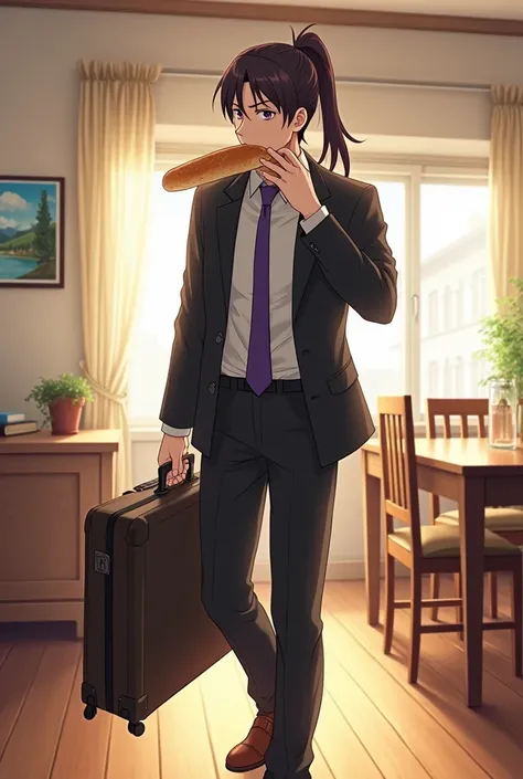 A 39-year-old anime-style white-skinned man, anime style To Love Ru, He has a loaf of bread in his mouth, It&#39;s in the wooden dining room of a white house with a wooden floor, There are some paintings hanging of landscapes, beige curtains with rays of l...