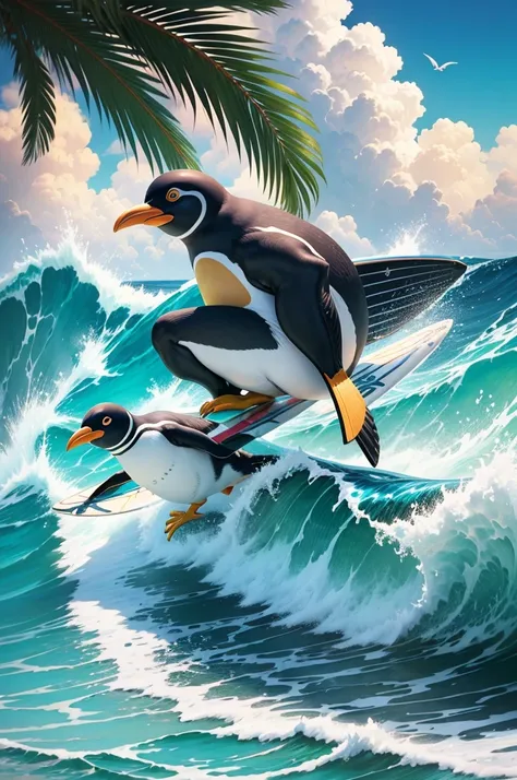 Anthro penguin, swimsuit, Surfer, surfboard, lean body, fursona, white torso, avian!!! sea, rides on the waves, tropics, sandy beach, Palma, summer,, maid-penguin, surf s up cartoon, Lani from surfs up  