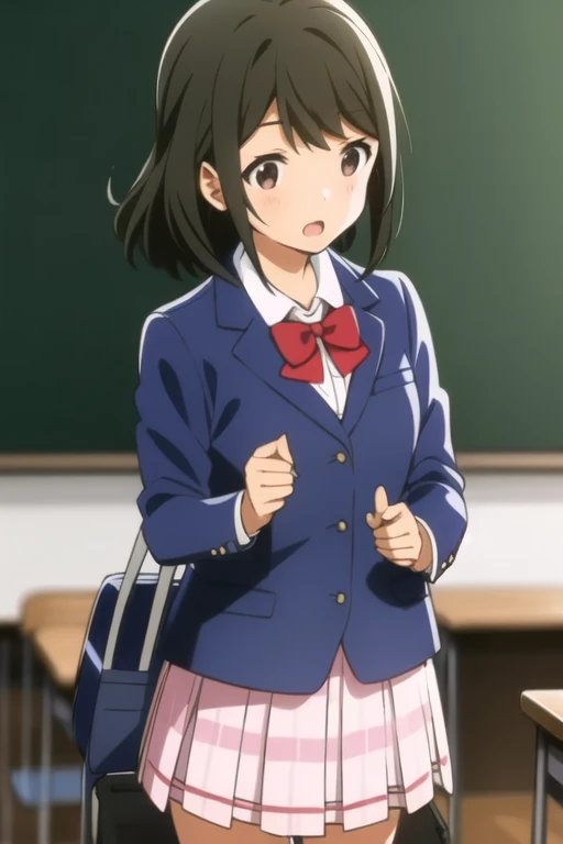 (((Best quality))), ((Ultra-detailed)), ((illustration)), ((Disheveled hair)), ((frilld)), (1 girl),(Solo),1girl, bangs, black hair, blazer, blue jacket, blurry background, blush, bow, bowtie, bulletin board, chalkboard, classroom, collared shirt, figure, ...