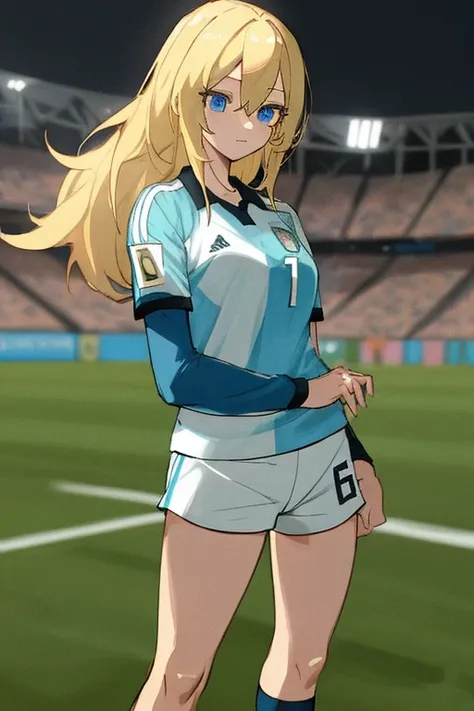 A beautiful  football anime girl, 1girl, blonde hair, Argentina national soccer team shirt, large bust, very short shorts, blue eyes, standing, sexy pose, manga, anime drawing, playing football, football stadium