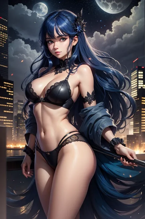 Girl, fair skin, long blue hair, sparks and stars in her hair, in black lace underwear, standing on the roof, night city, hair merging with the sky, huge moon, full-length, standing sideways to the viewer