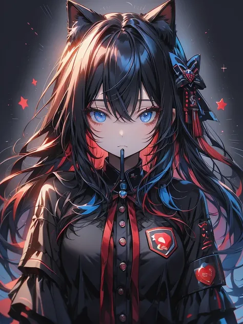 Cat ears with black and Blue
ribbon、red Hair、red Badge、Checkmark clothing、I rest my head on my elbows and think about what to do.、✔、lollipop in mouth held with one hand, Convinced look 