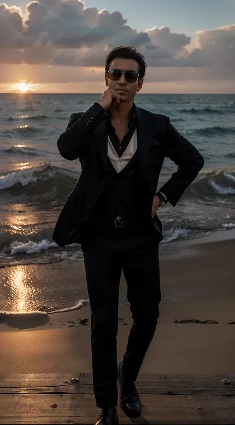 a man, wearing black suit, with sunglasses, posing on a pier at sunset