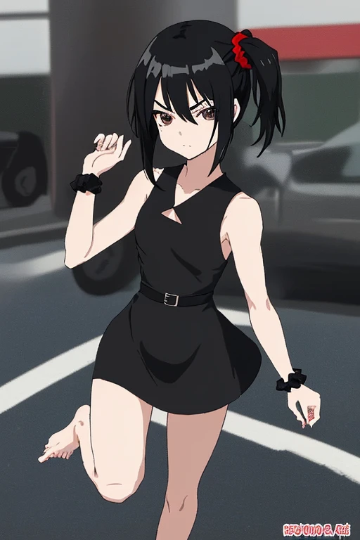 generate an image of an anime girl, she has black hair, short and tied with a scrunchie, black eyes, black sleeveless dress, with handle, red bracelet on left wrist, thin eyebrows, barefoot, black tight dress.