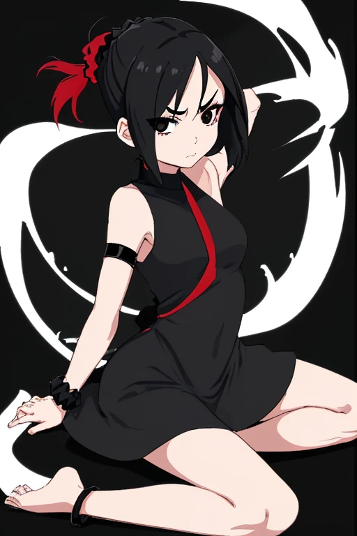 generate an image of an anime girl, she has black hair, short and tied with a scrunchie, black eyes, black sleeveless dress, with handle, red bracelet on left wrist, thin eyebrows, barefoot, black tight dress.