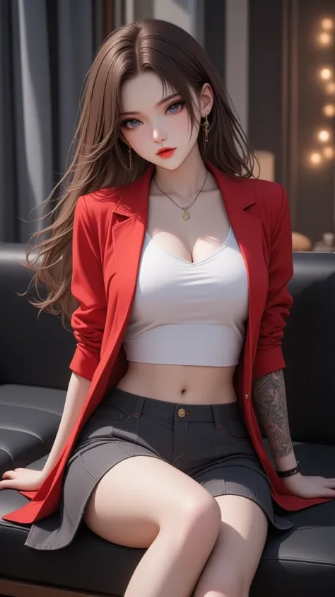 1 girl, Red blazer set, White crop top with protruding sleeves, Gray pleated skirt, tattoo, full body photo , tattoos , sofa, Darkroom background