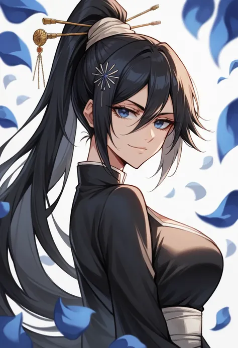 (Young woman, perfect anatomic draw, perfect eyes, long black hair, beautiful eyes, bangs down, ponytail in the hair, white hairpin in the hair, blue eyes, blue petal falling, beautiful woman, a soulreaper from bleach, black kimono, serious smile, masterpi...