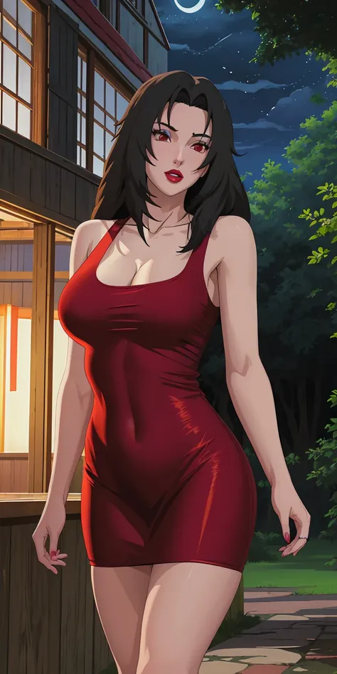 masterpiece, best quality, extremely detail 8k cg, high resolution, 1girl, mature female, RedTankTop_KurenaiYuhi_ownwaifu, 1girl, black hair, long hair, lipstick, makeup, red eyes, red lips, medium breasts, lips, cleavage, red dress, short dress, collarbon...