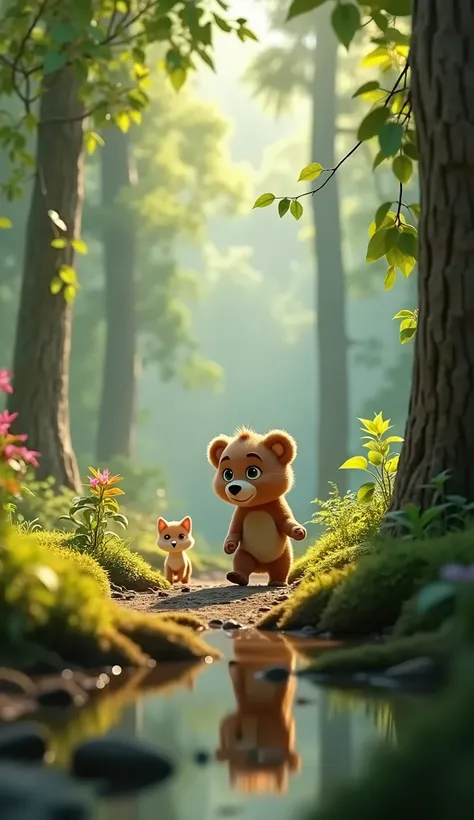 high definition image, disney pixar 3d style, with vibrant and emotional details. A brown bear cub, called Benny, with fluffy, voluminous brown fur, big expressive brown eyes, walks curiously through the dense forest, while Lila, the little fox with bright...