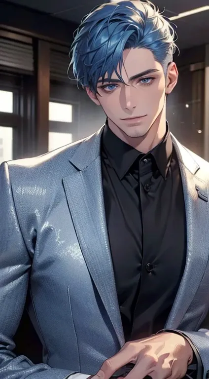 (best quality,4k,8k,highres,masterpiece:1.2),ultra-detailed,(realistic,photorealistic,photo-realistic:1.37),1 man,3,mature man,very handsome,without expression,smile,short blue hair,blue eyes,penetrating gaze,perfect face without errors,imposing posture,bu...