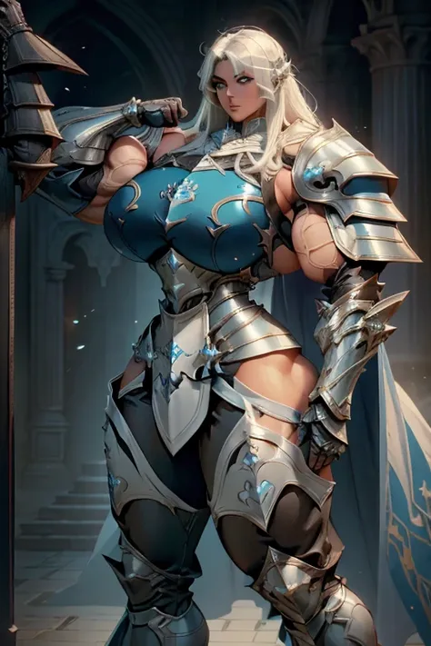 ((Close-up)), tall, (White hair) beautiful muscular female paladin, long straight hair, brown skinned, large breast, (black lipstick), (massive muscles), (hyper muscle), (ginormous bulky muscles), blue eyes, (((Mithril knight armor))), (((Paladin pants))),...