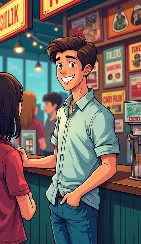 A young man, Jack, is standing behind a concert ticket, smiling warmly. He is illustrated in a comic style, dressed casually in a simple button-up shirt and jeans. His hair is short and neatly styled, and he has an approachable expression. The background f...