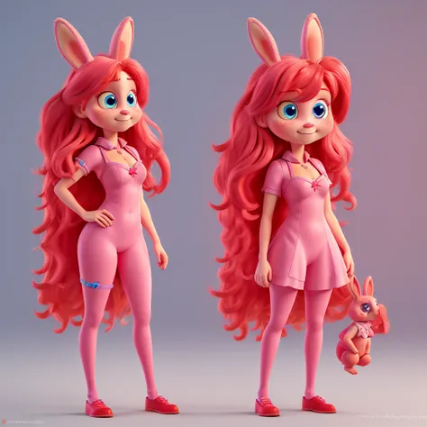 Anthropomorphic pink rabbit, long hair, red hair, blue eyes 