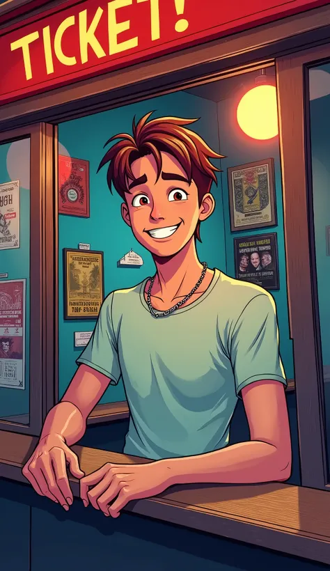 A young man, Jack, stands behind a concert ticket booth, looking friendly and approachable. He is illustrated in a comic style, wearing a casual t-shirt and jeans, with a bright smile on his face. His hair is short and slightly tousled, giving him a relaxe...