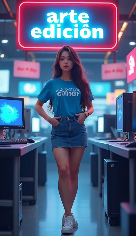 Heres the translation:

A BEAUTIFUL THAI GIRL WITH LONG HAIR, WEARING A BLUE T-SHIRT WITH THE WORD "" PRINTED ON IT, WEARING A SHORT DENIM SKIRT, AND WHITE SNEAKERS ((STANDING WITH A LARGE SIGN ABOVE HER HEAD WITH THE WORD
" ARTE EDICIÓN "))) In a computer...