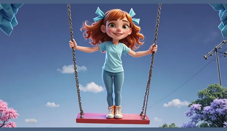 inspired by Disney Pixar characters: a girl, 11 ANOS DE IDADE, beautiful, white, RED hair, straight SLIGHTLY WAVY TO THE END SHOULDERS, WITH TWO AQUA BLUE RIBBONS TYING PART OF HER HAIR, ON ONE SIDE AND THE OTHER, WEARING A VERY TIGHT LIGHT BLUE T-SHIRT, s...