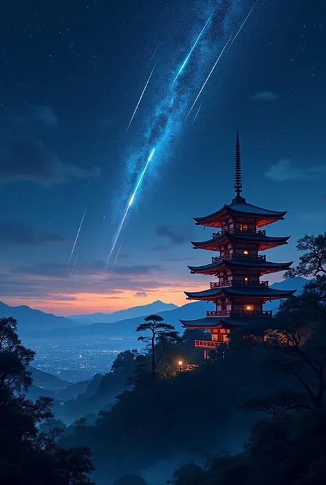 scenery、Kyoto、Five-story pagoda、A sky full of stars、meteor(meteor群）￼￼￼￼￼