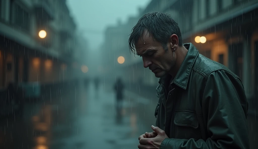 a beautiful rain scene, Man crying , missing someone,