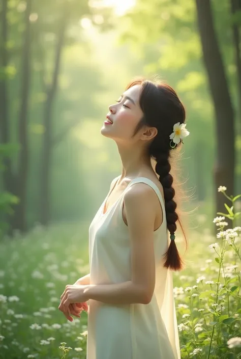 In the clear morning air of the forest, a girl is singing with the birds and small animals.　A warm, embracing smile　Fresh air and sunlight filtering through the trees々Shi　Fresh greenery and small flowers bring blessings　A fantastic sight　Beautiful Teen Gir...